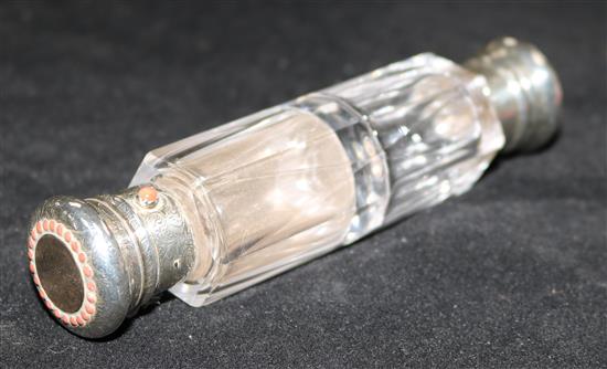 A Victorian double-ended glass scent bottle with makers mark for George Brace, the engraved mounts set with coral beads